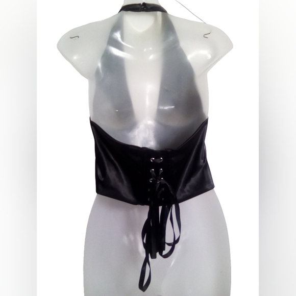 Sleek Unbranded Black Hook Front Corset Halter Tie Back Top Large - Picture 2 of 6
